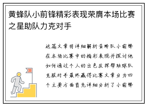黄蜂队小前锋精彩表现荣膺本场比赛之星助队力克对手