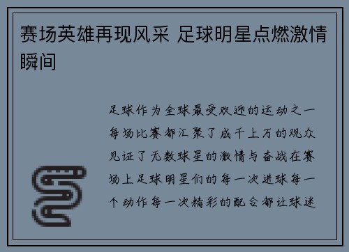 赛场英雄再现风采 足球明星点燃激情瞬间