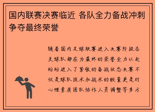 国内联赛决赛临近 各队全力备战冲刺争夺最终荣誉