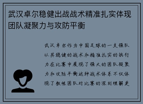 武汉卓尔稳健出战战术精准扎实体现团队凝聚力与攻防平衡